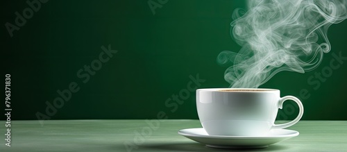 Coffee cup emitting steam on green backdrop