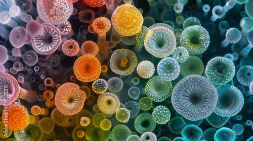 A colorful assortment of fungal spores ranging in size and shape captured in a microscopic world teeming with life.