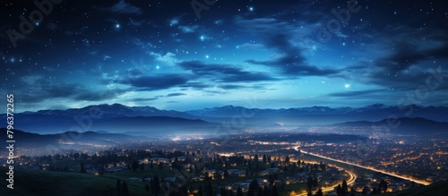 Night panoramic view of the mountains and the town. Twinkling Night Over Urban Landscape