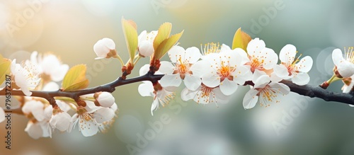 A tree branch bearing white blossoms