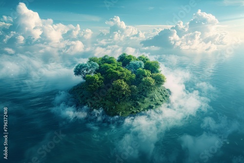 An island floating in the sky surrounded by clouds and water. © Nawarit
