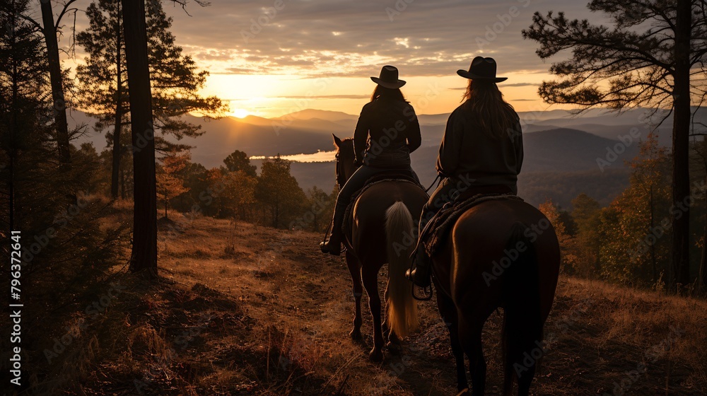 two people riding horses on a hill with a sunset in the background