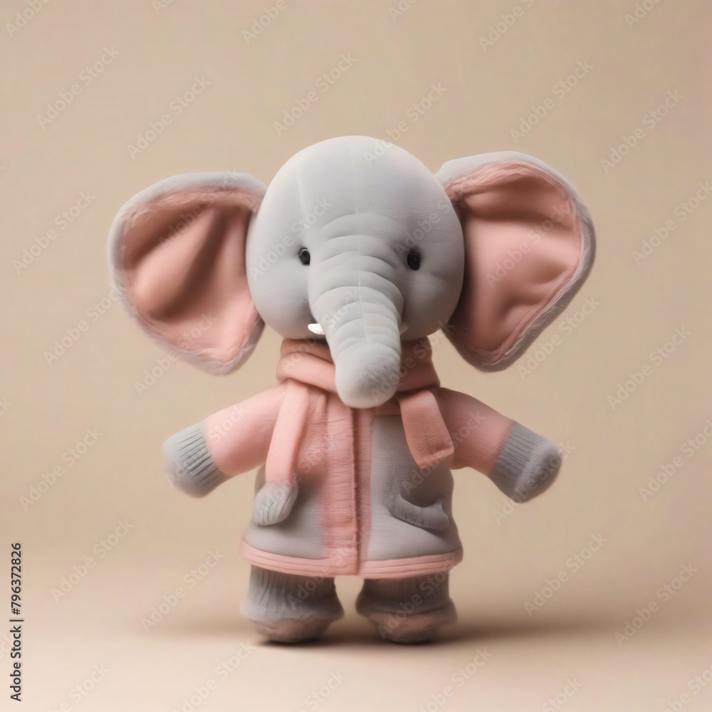 Little cute elephant stuffed toy wear winter cloth standing on two legs, isolated on pastel background