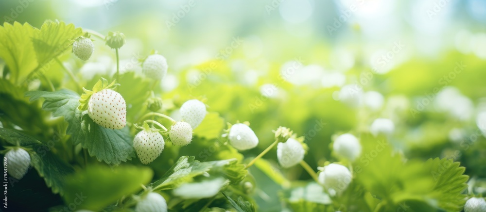 Many ripe strawberries on bush with green foliage Many ripe strawberries on bush with green foliage