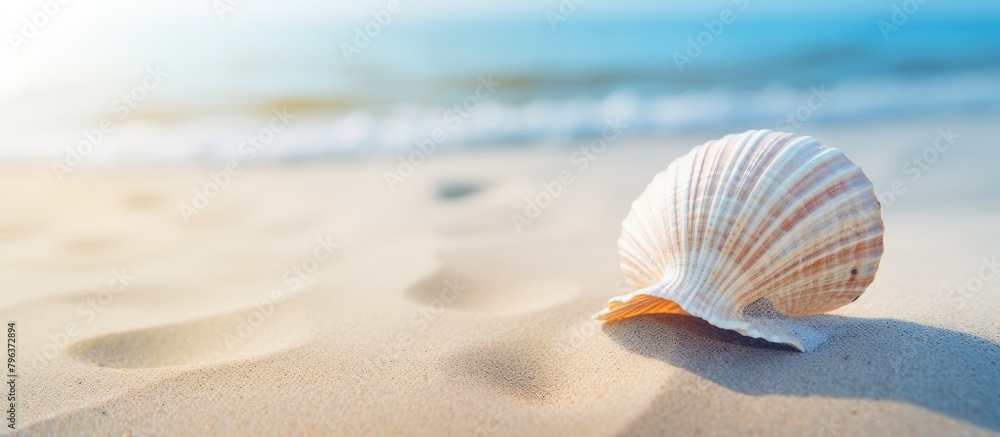 Seashell on sandy shore as waves approach Seashell on sandy shore as waves approach