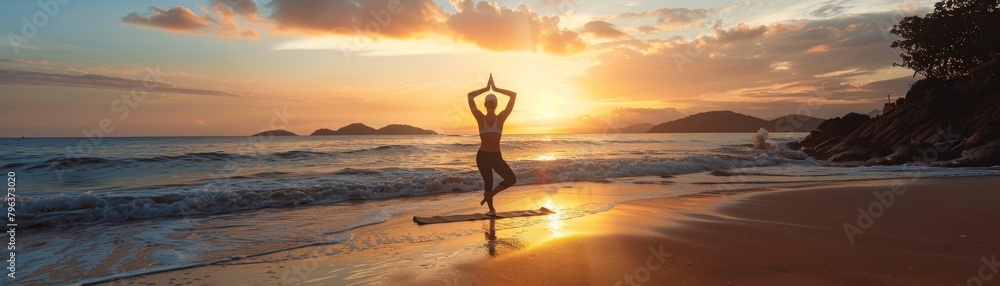 girl doing yoga on the beach at sunset
