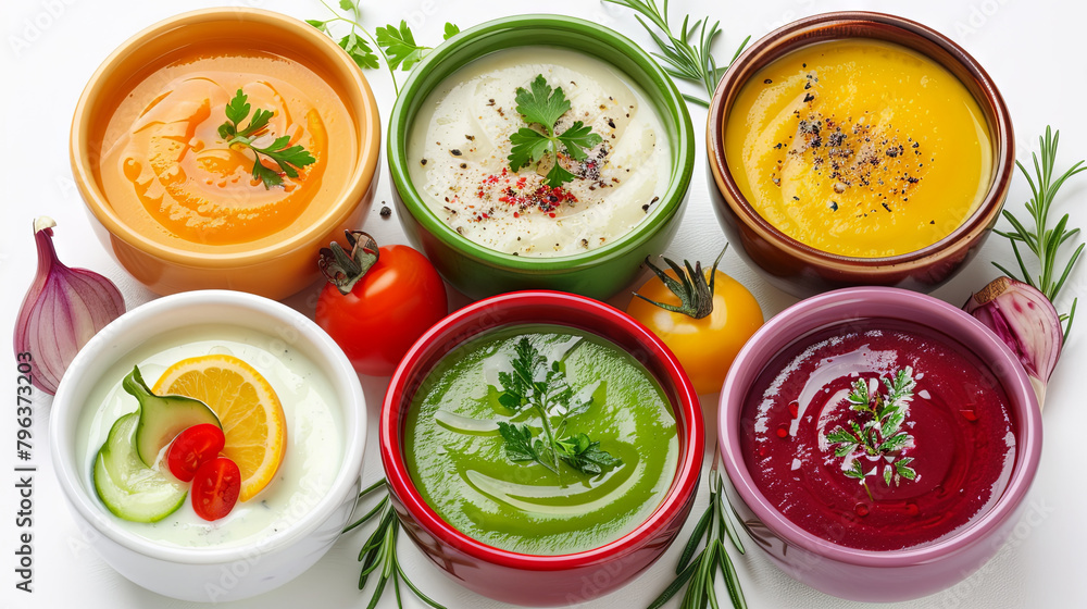 Selection of creamy soups served in plates located on isolated background Selection of creamy soups served in plates located on isolated background