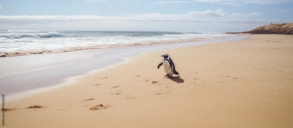 Giraffe strolling sandy beach with footmarks