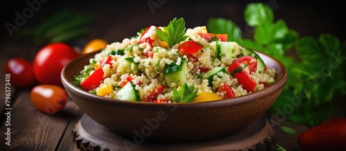 Bowl of vegetables couscous with tomatoes photo