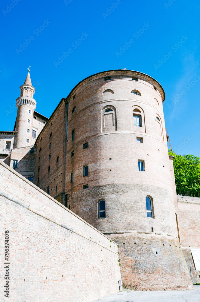 Italy, 25 April 2024: Renaissance architecture of the historic center of Urbino with its Palazzo Ducale, a UNESCO heritage site in the province of Pesaro and Urbino in the Marche region