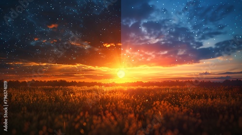 the passage of time from day to night using a series of images that show the sun setting and the stars appearing in the sky. © 1eve