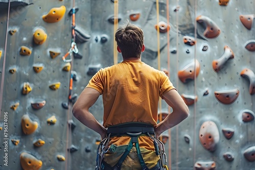 Rear view of male rock climber standing in front of training wall. Concept Rock Climbing, Training Wall, Male Athlete, Rear View, Active Lifestyle