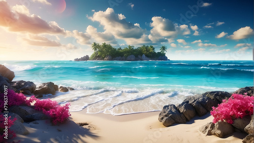 Tropical sea with fishes, blue sky, clean water. 3D Illustration 