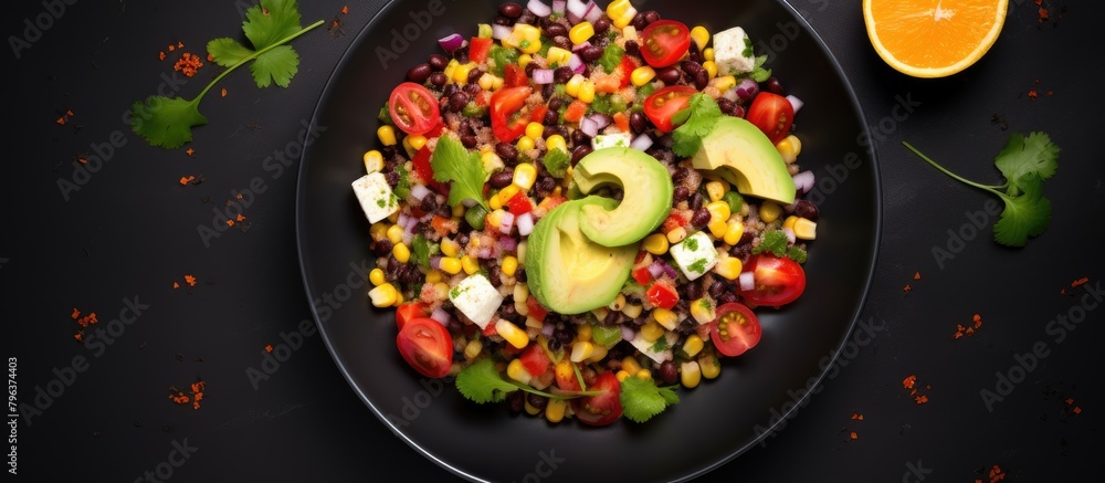 Plate of food with sliced avocado and tomatoes Plate of food with sliced avocado and tomatoes