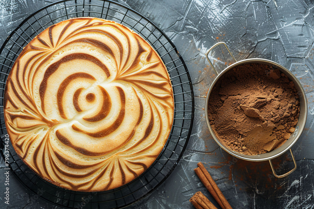 a cake on a wire rack next to a bowl of cinnamon a cake on a wire rack next to a bowl of cinnamon