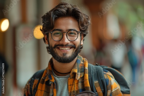 Portrait of a cheerful bearded young man wearing glasses and casual clothes, standing outdoors