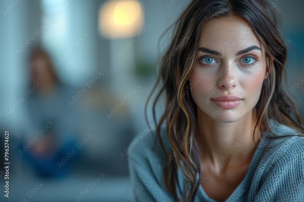 Obraz premium Young woman with beautiful brown eyes and relaxed expression in a home environment