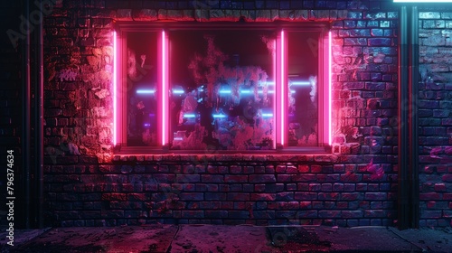 An urban grunge setting with old bricks bathed in the glow of neon lights, ideal for a backdrop in modern 3D visualization projects