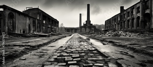 An old city's brick road in black and white photo