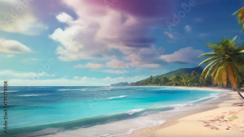 Tropical sea with fishes  blue sky  clean water. 3D Illustration 