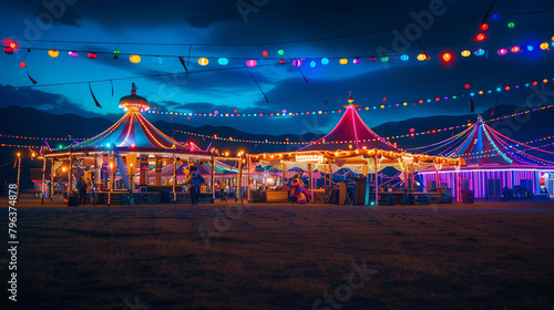 Naadam festival at night, colorful lights illuminate beautifully decorated tents, Ai generated Images
