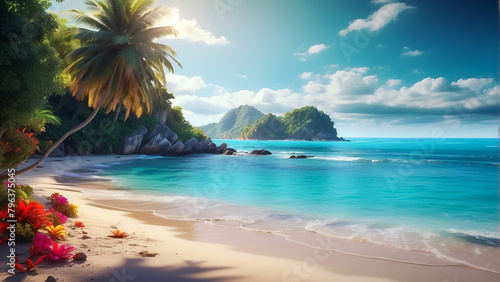 Tropical sea with fishes, blue sky, clean water. 3D Illustration
