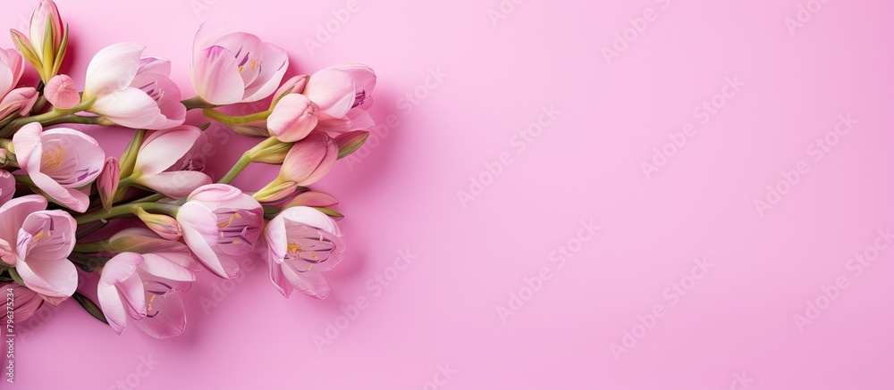 Fototapeta premium Pink flowers on soft pink backdrop
