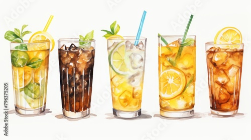 Artistic portrayal in watercolor of summer refreshments, a variety of cocktails, homemade lemonade, and iced coffee, neatly isolated on a white backdrop