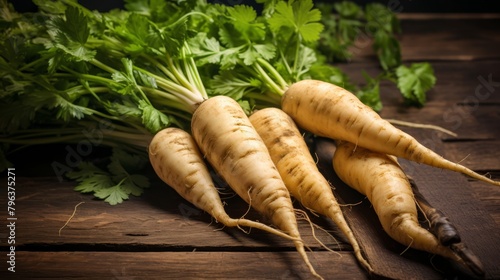 Fresh organic parsnips on a wooden surface, earthy and sweet, winter root vegetable, photo