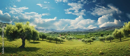 A scenic landscape of field, trees, and distant mountain