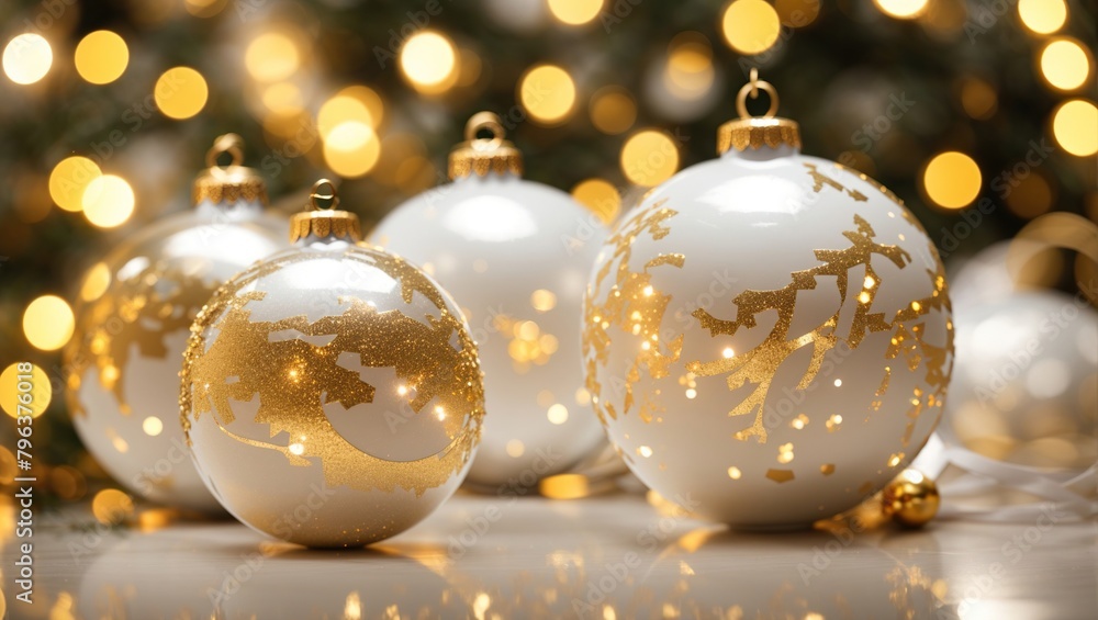 There are four white and gold Christmas ornaments in front of an out of focus Christmas tree with white lights.