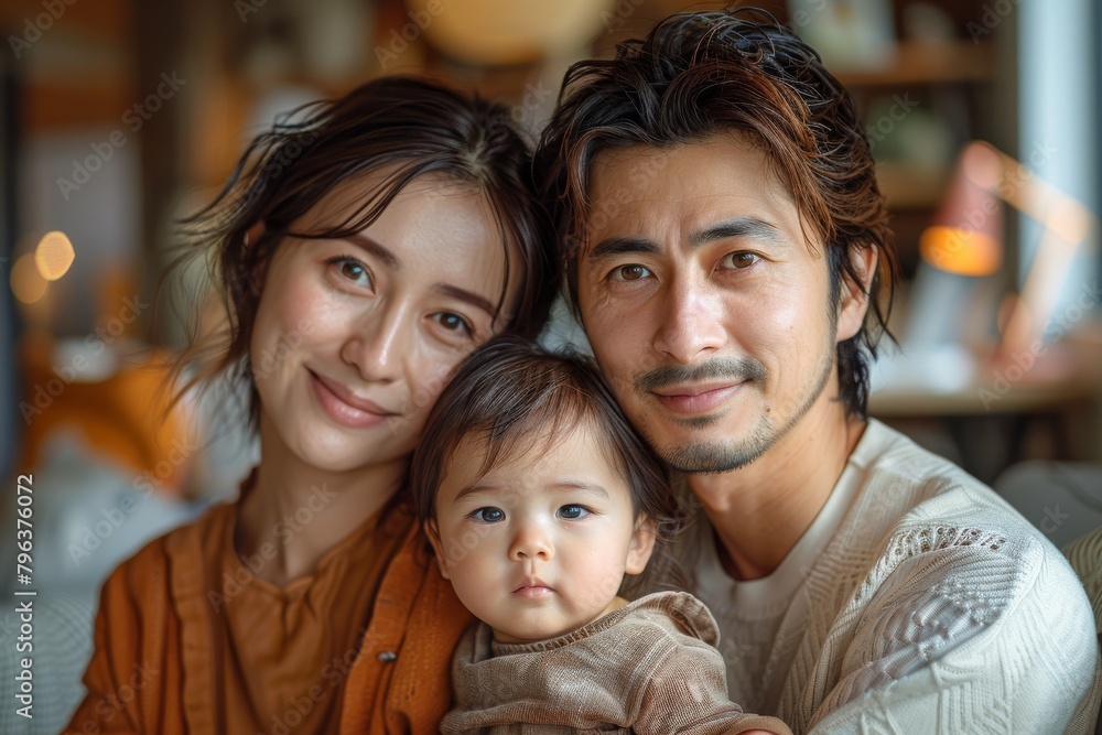 Warm and intimate family portrait featuring subtle smiles and a close bond Warm and intimate family portrait featuring subtle smiles and a close bond