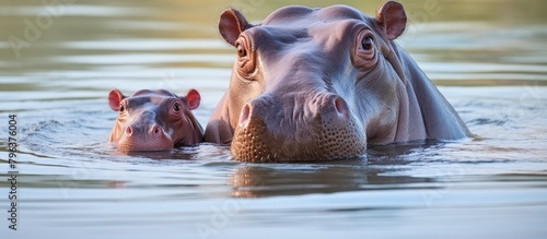 Two hippos in water swimming, baby hippo near mother photo