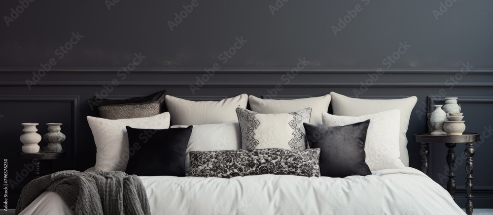 Naklejka premium Comfortable bed piled with numerous pillows