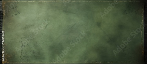 A green paper on a wooden surface with a black border