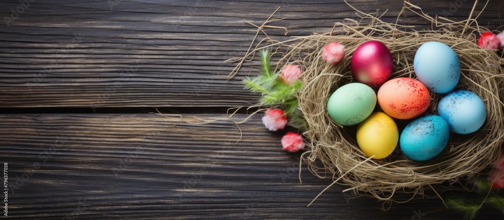 Naklejka premium Colorful eggs nest wooden table