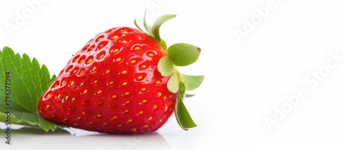 Close-up of a ripe strawberry with green leaf on white backdrop