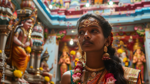 A woman holds an upright position at the Main Festival of Thaipusam inside a majestic Hindu temple, the backdrop is decorated with statues of deities and shining decorations, Ai generated Images