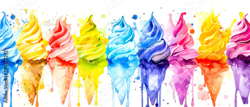 Seamless pattern of watercolor ice cream cones. Multicolored assorted frozen sweet dessert. Melted ice cream with streaks. White background. Wallpaper, banner concept. photo