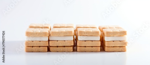 Biscuits arranged in sugar rectangles on a bright backdrop