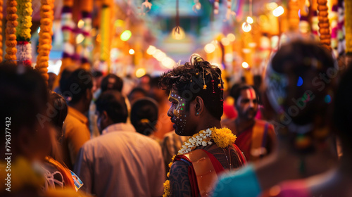 Main Thaipusam Festival at a magnificent Hindu temple, thousands of visitors and pilgrims throng the hall decorated with colorful lights and typical ornaments, Ai Generated Images photo