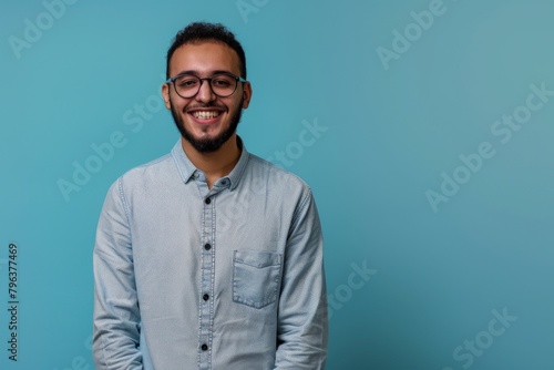 business, office worker and people concept - smiling indian businessman in shirt over grey background. Beautiful simple AI generated image in 4K, unique.