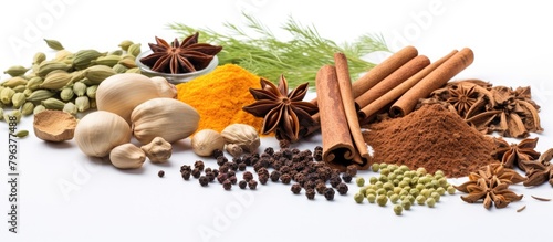 Various spices and herbs close-up on white surface photo