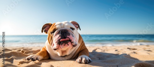 Dog relaxing on shore with tongue out photo