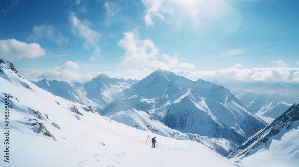 Winter mountain landscape with snow covered peaks, panoramic view.