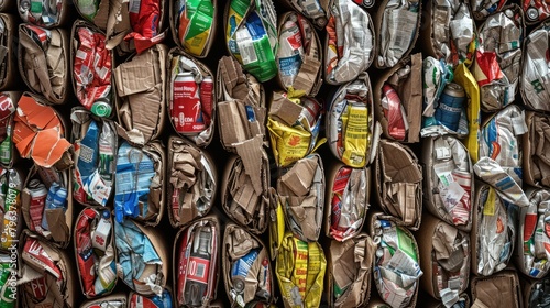 Stack of recycled materials, such as cardboard, aluminum cans, and plastic bottles, ready for processing and reuse