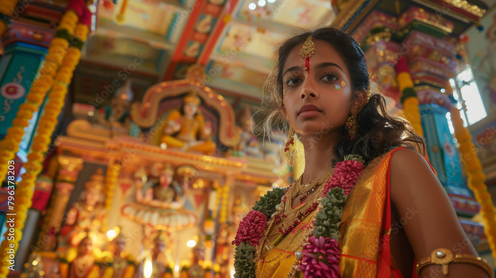 A woman holds an upright position at the Main Festival of Thaipusam inside a majestic Hindu temple, the backdrop is decorated with statues of deities and shining decorations, Ai generated Images A woman holds an upright position at the Main Festival of Thaipusam inside a majestic Hindu temple, the backdrop is decorated with statues of deities and shining decorations, Ai generated Images