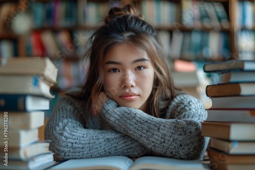 A thoughtful girl surrounded by piles of books rests her chin on her hands, immersed in study