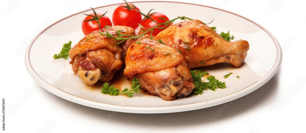 Two chicken legs with tomatoes and parsley on plate
