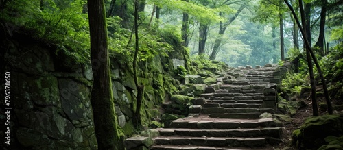 Stone stairs covered in forest moss
